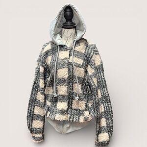 Easel Los Angeles Plaid Sherpa Fleece Hoodie Jacket Womens Size S Zip Up Cozy